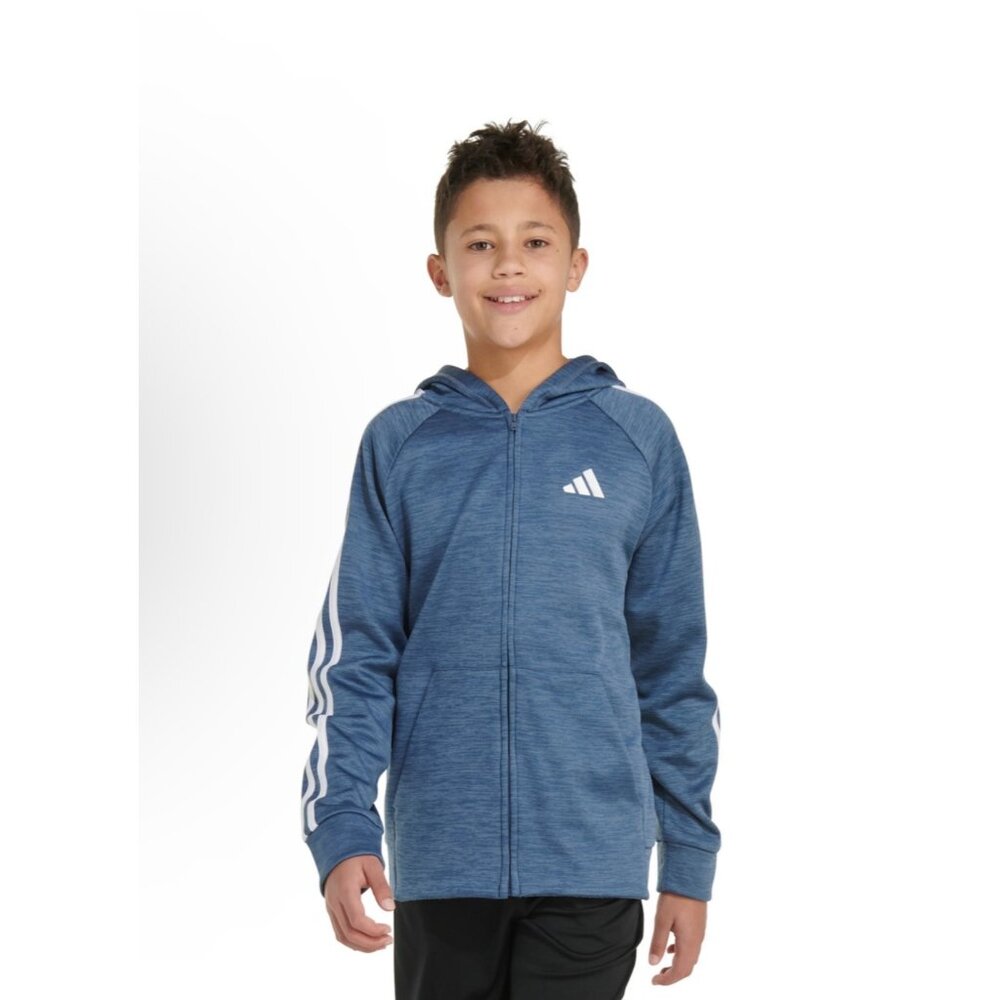 Adidas Boys Blue Full-Zip Hoodie Sz L 14/16 Reg Fit Fleece-Lined Activewear